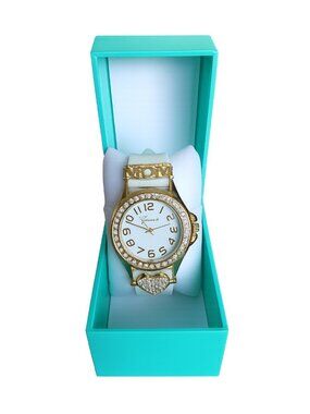 Gold-Tone Geneva Watch With Rhinestone Accents Heart Detail & White Band In Gift